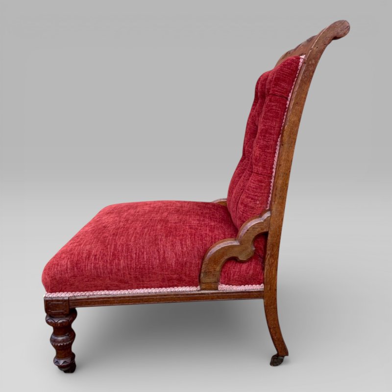 Antique Victorian Pair Of Ladies And Gentlemen’s Red Gothic Revival Oak Chairs - Image 8